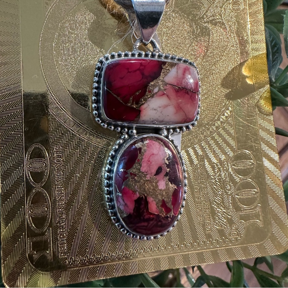 Brand New Sterling Silver 925 Red Rose Dahlia Double Stone Pendant Necklace - Picture 3 of 9